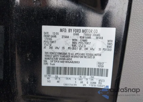 2006 Ford F-150 Fx4/Lariat/Xl/Xlt z USA, uszkodzony, nr VIN 1FTPX14516NA82953